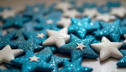 A dazzling array of blue and white star-shaped decorations glistens with a touch of glitter, creating a festive and enchanting atmosphere. The vibrant colors and shimmering textures evoke feelings of