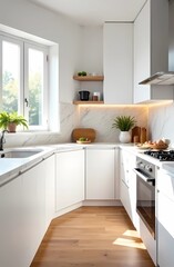 Modern kitchen interior with countertops and woodwork, white cabinets and a window for natural light. White marble countertop. 