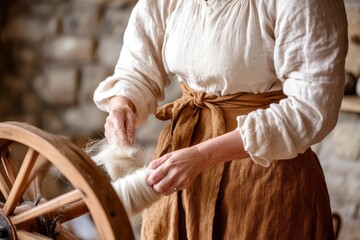 A woman working with a spinning wheel, creating yarn from raw wool in a rustic, historical setting.