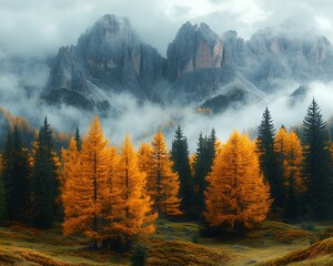 Misty autumn landscape the Dolomite Alps green and yellow trees surrounded by dense fog distant mountains partially visible through the mist serene and idyllic nature scene