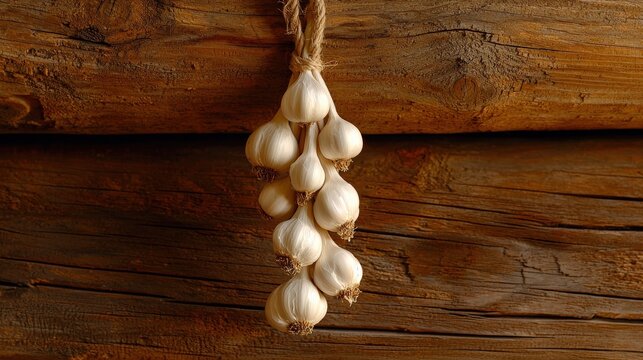 A garlic braid hanging against a rustic kitchen wall.