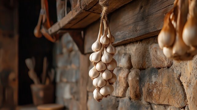 A garlic braid hanging against a rustic kitchen wall.