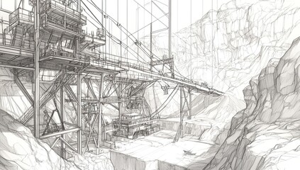 Fototapeta premium A detailed pencil sketch of an open-pit mine, showcasing the complex network