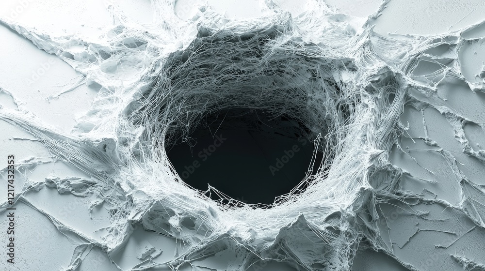 Sticker abstract close-up of a circular hole surrounded by intricate white fibers on a smooth surface