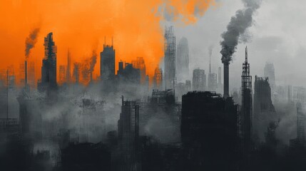 Layered composition of smog, city, and industrial skyline, vibrant orange and gray tones symbolizing pollutionâ€™s spread.