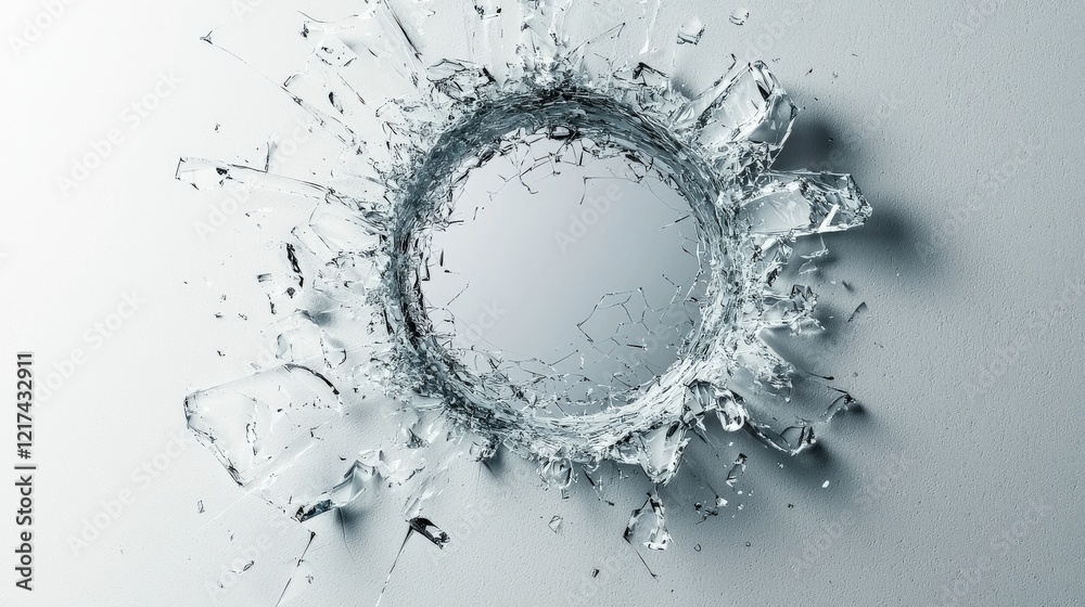 Wall mural shattered glass fragment art with circular center on light background and dynamic texture highlighti