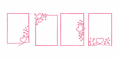 Set of four hand-drawn romantic card templates with elegant wavy borders and delicate heart decorations in a minimalist pink sketch style. These designs are perfect for Valentine's Day greeting cards,