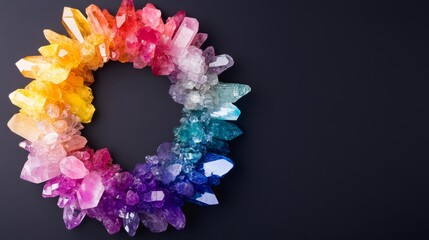 Rainbow Quartz Crystal Wreath - Vibrant quartz crystals arranged in a circular wreath, symbolizing growth, energy, harmony, abundance, and transformation.