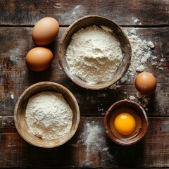 Inviting composition of basic baking ingredients on a rustic wooden table celebrates the art of simplicity in culinary preparation