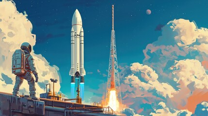 Fototapeta premium Astronaut watching rocket launch at sunrise.