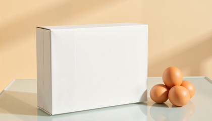Minimalist composition featuring a plain white box and four brown eggs on a reflective surface against a soft orange background, symbolizing freshness and simplicity in food packaging