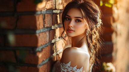 Young woman with long hair poses elegantly against a brick wall in warm sunlight during golden hour