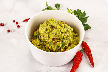 Guacamole with avocado, tomato and chili