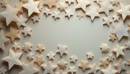Fototapeta premium An enchanting display of white stars in various sizes creates a dreamy atmosphere, inviting viewers to explore the magic of the night sky. The gentle contrast against the soft background enhances the