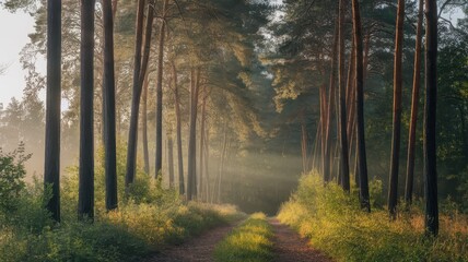 Obraz premium A tranquil forest scene with sunlight filtering through tall pine trees, creating a serene and calming atmosphere.