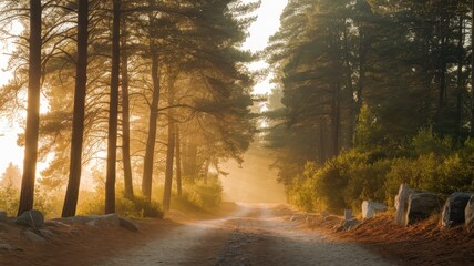 Fototapeta premium A serene forest path bathed in golden sunlight, surrounded by tall pine trees, evoking a sense of tranquility and natural beauty.
