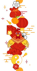 Naklejka premium Chinese new year vector vertical seamless border. 2029 year of rooster lunar lantern festival mascot. Asia oriental traditional ornament, frame and border. Graphic line illustration