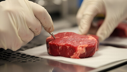 food safety expert testing red meat in a lab