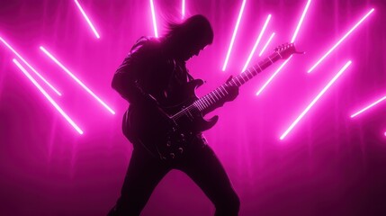 Silhouette of a person playing an electric guitar against a vibrant pink background with neon lights