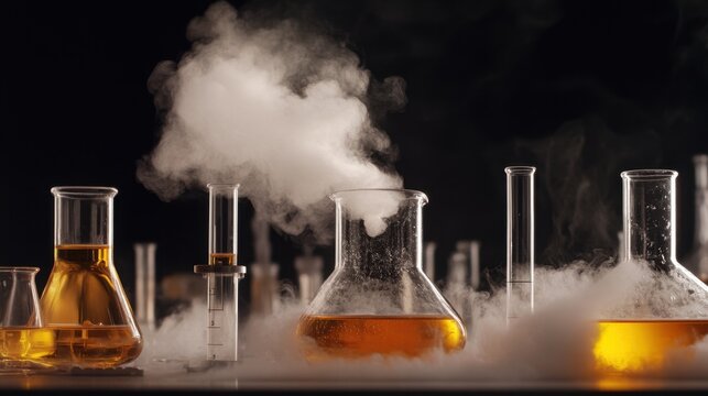 Laboratory setting with various glass beakers and flasks filled with a yellow liquid, some emitting white smoke, suggesting a chemical reaction or experiment in progress