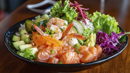 vibrant bowl of fresh seafood salad featuring shrimp, salmon, and colorful vegetables, perfect for healthy meal