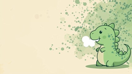 Obraz premium Cute Little Green Dinosaur Blowing Smoke on a Soft Pastel Background with Colorful Splashes and Texture