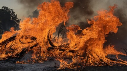 Intense flames engulfing dry foliage, creating a dramatic and fiery scene indicative of a forest fire's destructive power.