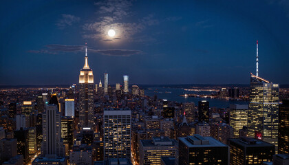 Obraz premium Aerial view of city skyline illuminated by moonlight at night, Earth Hour