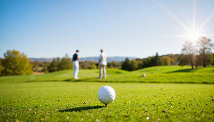 Golfers engaging in conversation on sunny course, April Fool's fun