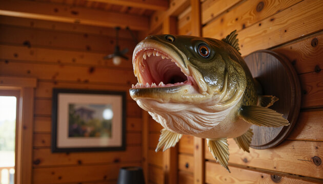 Humorous talking fish mounted on cabin wall, quirky decor concept
