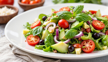 Colorful fresh salad with vegetables on a plate, healthy eating