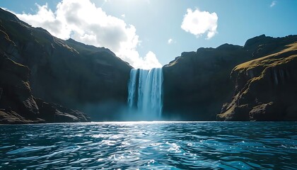 Majestic waterfall cascades down rocky cliffs into a vibrant blue body of water