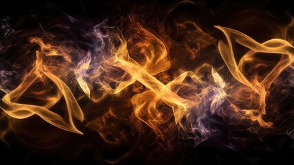 Fototapeta premium Mesmerizing abstract digital art featuring flowing orange and purple smoke-like shapes against a dark background, creating a sense of movement and energy.