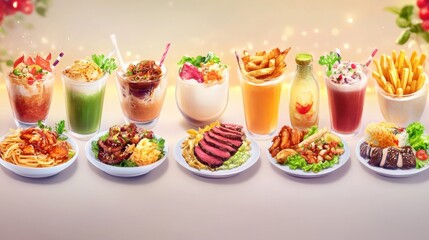 Delicious food and drinks assortment.
