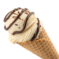 Delicious Vanilla Ice Cream with Chocolate Drizzle on white background