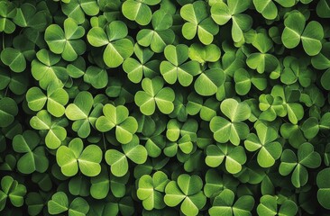 Close-up view of many clover leaves.  The leaves are a vibrant, rich green, with various shades of intensity.