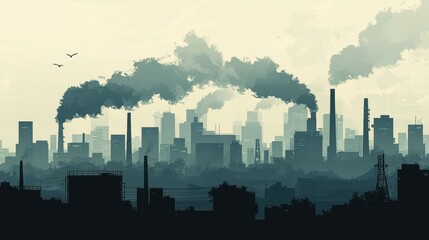 Fototapeta premium Silhouette of a polluted city with chimneys emitting thick smoke, heavy emphasis on smog and air quality issues.