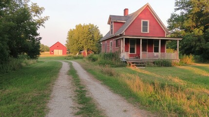 A picturesque panorama of a rural scene featuring a red farmhouse on the right,