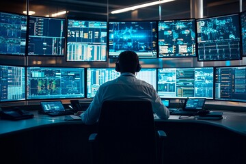 High-tech control room with multiple screens displaying data and analytics in a busy office