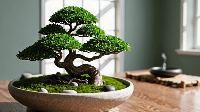 Sunlit bonsai tree with lush green foliage on a minimalist wooden table

