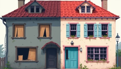 This captivating image features a whimsical split-house design, with one side displaying a weathered, blue facade and the other a vibrant, pastel-colored exterior. The juxtaposition of the two styles