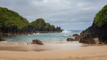 A tranquil beach scene with rocky formations surrounded by lush greenery and gentle waves, evoking a serene atmosphere.