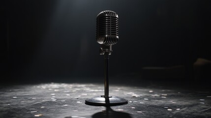 A microphone is standing on a stage in a dark room. The microphone is black and silver. The microphone is not being used