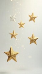 Five gold stars suspended in mid-air against a pure white, mystic, ethereal