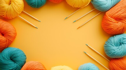 Colorful yarn balls and knitting needles on yellow background, craft supplies, hobby, free space for text
