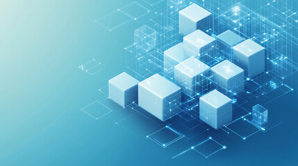 An abstract arrangement of blue cubes on a blue background. Abstract background with white cubes and connecting lines on a teal background.