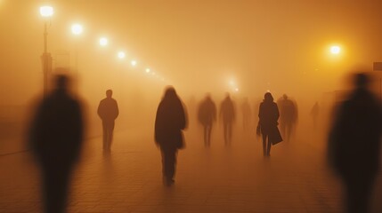 Smog-filled street illuminated by streetlights, pedestrians blurred in motion, capturing the essence of urban air pollution.