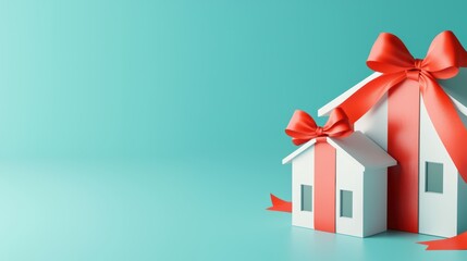 Creative concept with ribbon-wrapped houses, highlighting the excitement of new property ownership or celebratory milestones