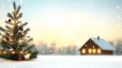 Obraz premium Winter Wonderland Christmas Tree - A decorated Christmas tree sits in the snow, with a cozy cabin softly lit in the background, under a soft winter sky.
