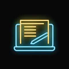Neon icon of a laptop showing online writing concept over black background